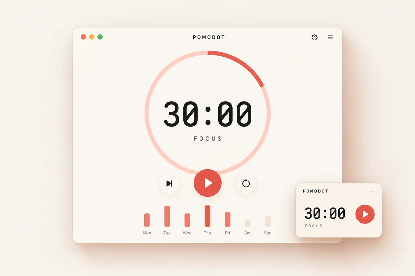 Illustrated PomoTimer desktop window with a coral focus ring and a compact timer widget.