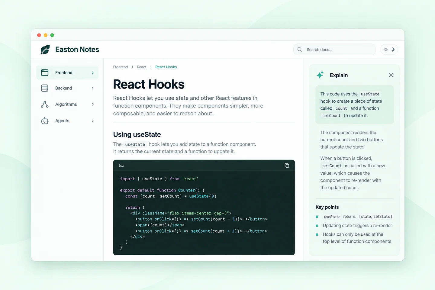 Illustrated Easton Notes documentation with a navigation tree, code example, and AI explanation sidebar.